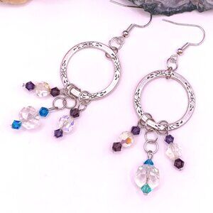 Blue Purple Clear Austrian Crystals Long Dangle Handmade Pierced Earrings LR143